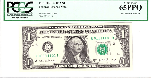 2003-A $1 FRN PCGS Gem New 65PPQ Fancy TRUE 0/1 BINARY Serial #E01111101B Heritage Pastime