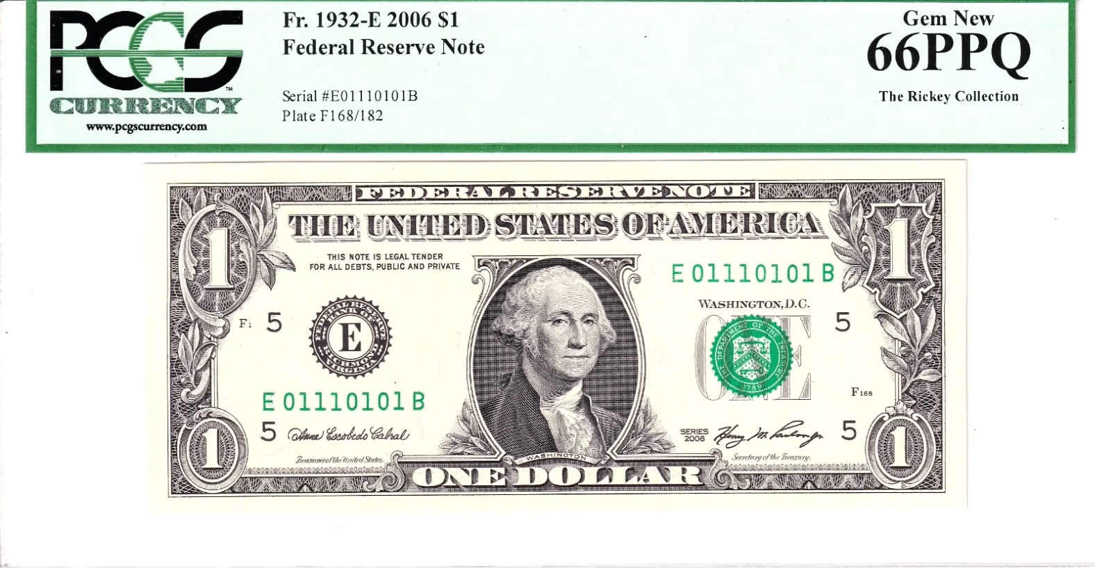 2003-A $1 FRN PCGS Gem New 66PPQ Fancy TRUE 0/1 BINARY Serial #E01110101B Heritage Pastime