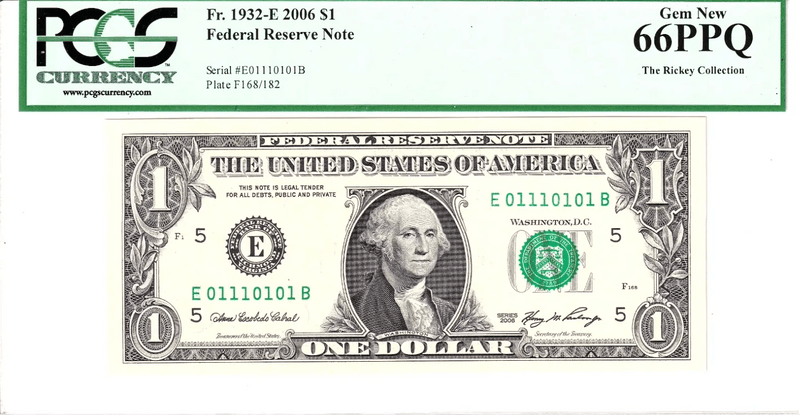 2003-A $1 FRN PCGS Gem New 66PPQ Fancy TRUE 0/1 BINARY Serial #E01110101B Heritage Pastime