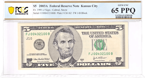 2003A $5 FRN PCGS 65PPQ Fancy PARTIAL REVERSE LADDER BOOKEND Serial #FJ00432100B Heritage Pastime