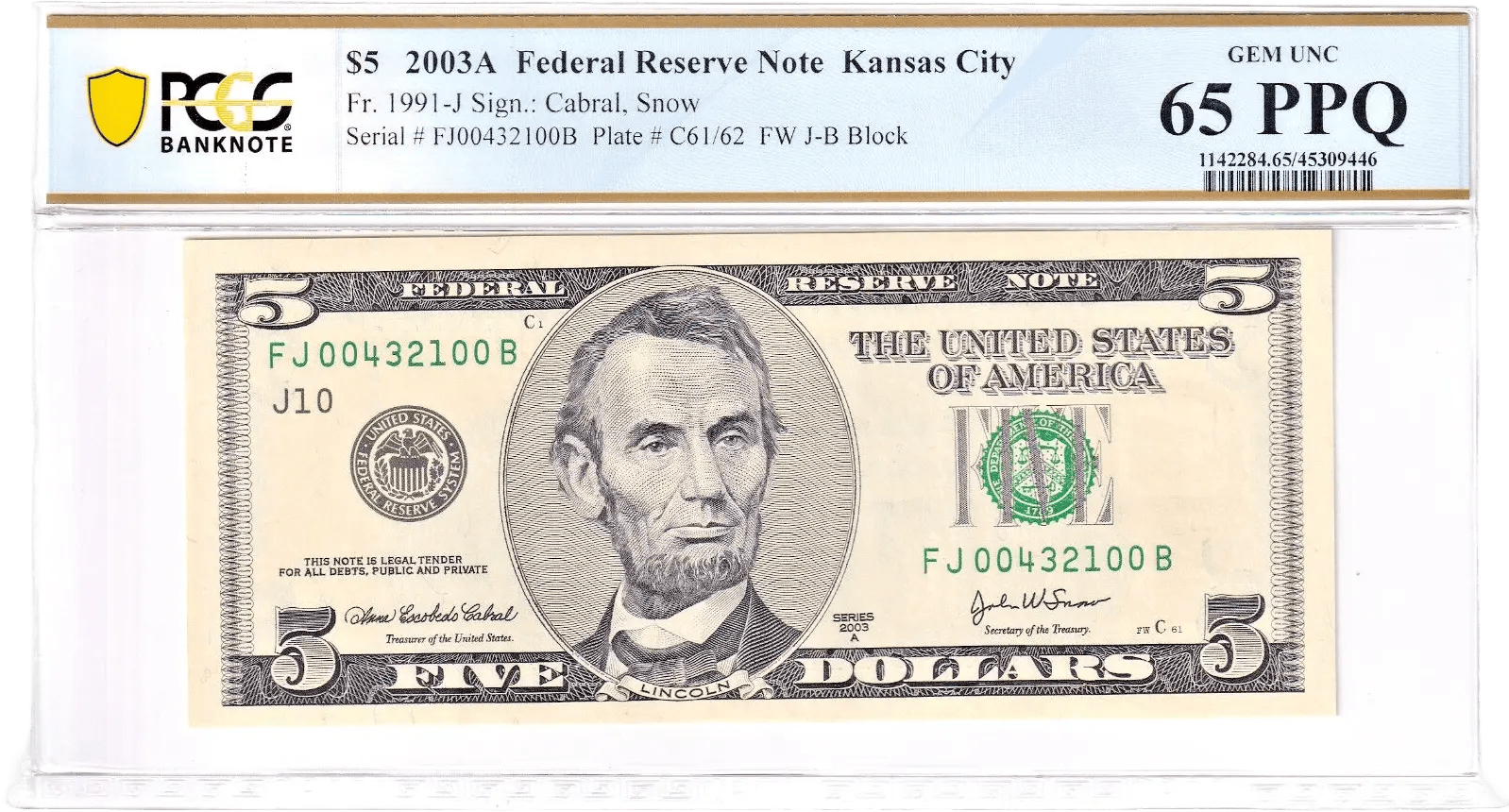 2003A $5 FRN PCGS 65PPQ Fancy PARTIAL REVERSE LADDER BOOKEND Serial #FJ00432100B Heritage Pastime