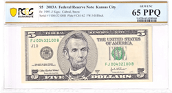 2003A $5 FRN PCGS 65PPQ Elegante sujetalibros de escalera con inversión parcial. Número de serie: FJ00432100B