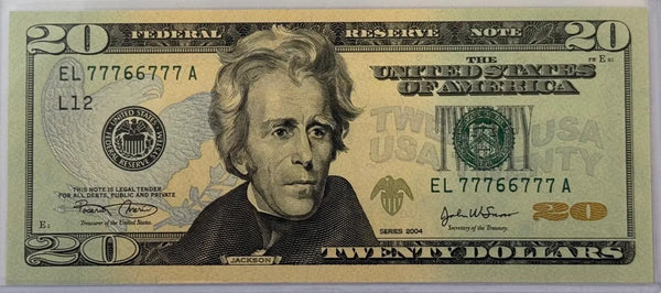 2004 $20 Federal Reserve Note – Fancy Serial 77766777 – Andrew Jackson – Snow/Marin Heritage Pastime