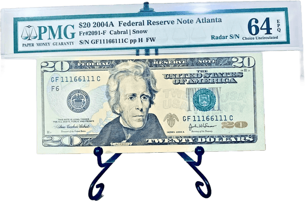 2004-A $20 FRN PMG 64EPQ BINARY RADAR ROTATOR TRINARY BOOKEND #GF11166111C Heritage Pastime
