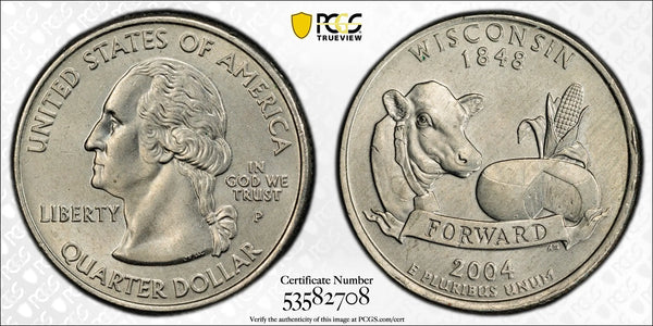 2004-P Wisconsin State Quarter – PCGS MS64 | Extra Leaf Variety Potential Issue Heritage Pastime