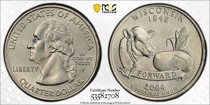 2004-P Wisconsin State Quarter – PCGS MS64 | Extra Leaf Variety Potential Issue Heritage Pastime