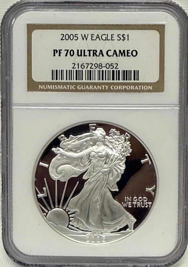 2005 Silver Eagle $1 PF70 Ultra Cameo – Flawless Proof with Stunning Contrast Heritage Pastime
