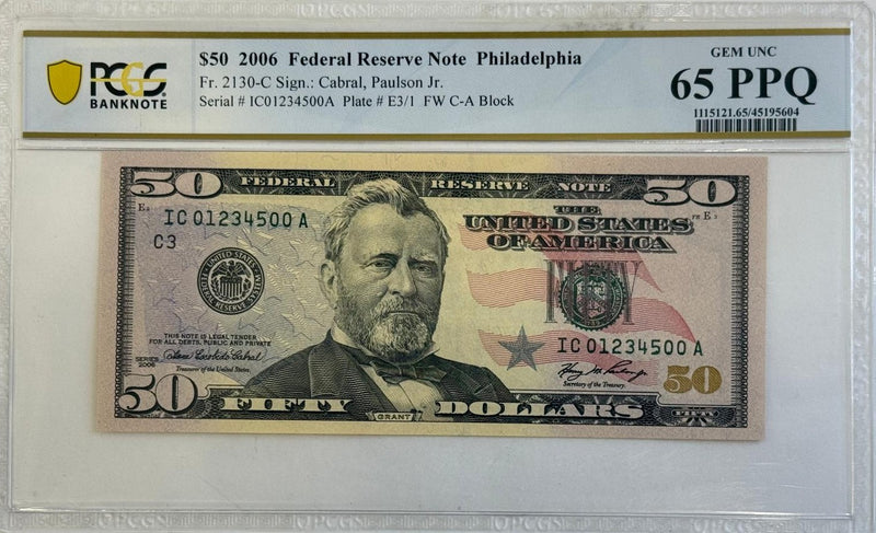 2006 $50 FRN PCGS 65 PPQ partial ladder serial IC01234500A