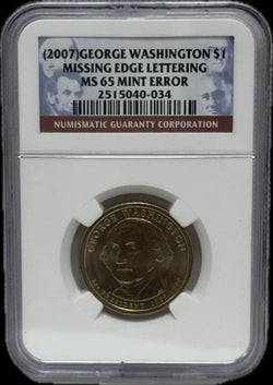 2007-S George Washington $1 Moneda con error de acuñación rara MS65 – Acuñación con borde sin letras