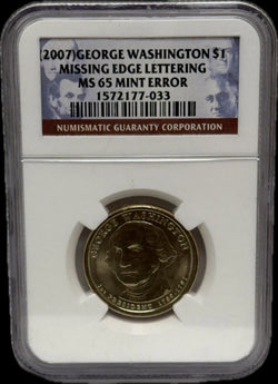 2007-S George Washington $1 Sin Leyenda en el Borde MS65 – Error de Acuñación Raro