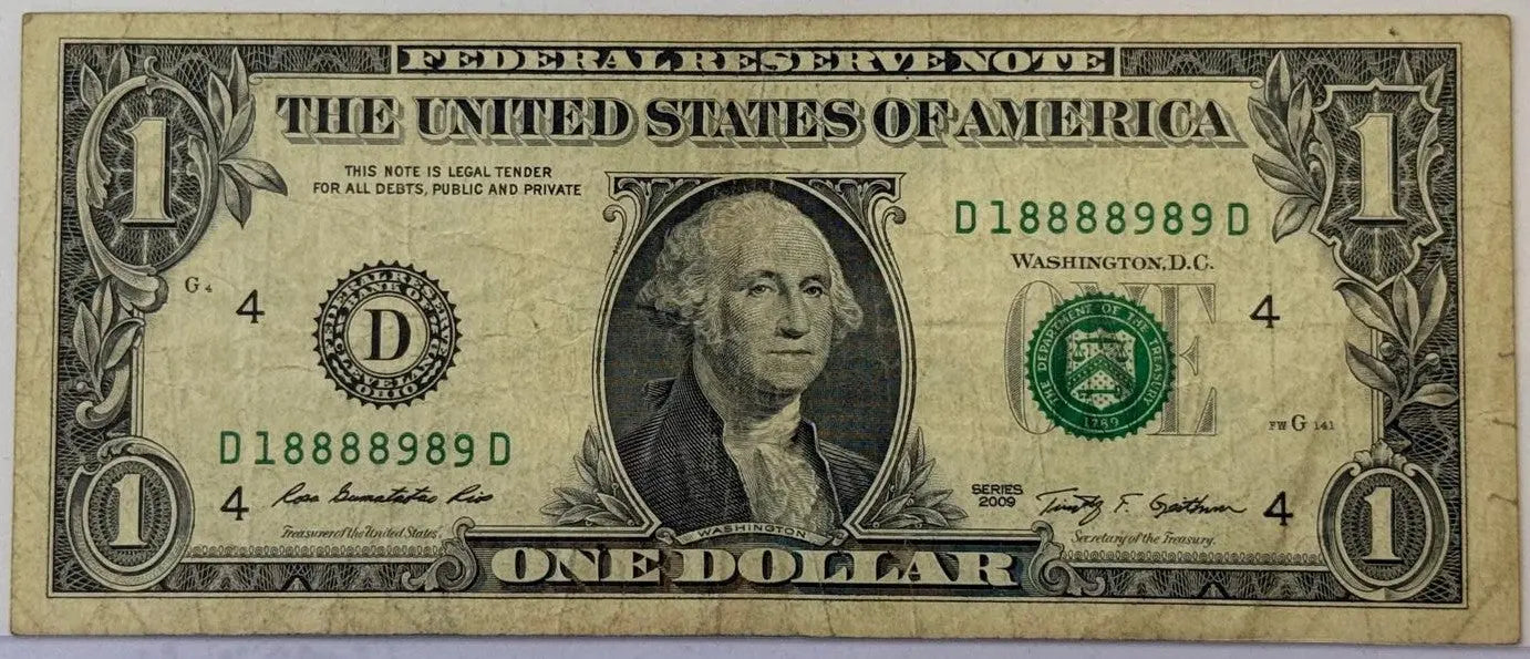 2009 $1 Federal Reserve Note – Cleveland (District 4) – Fancy Serial 18888989 – Circulated Heritage Pastime