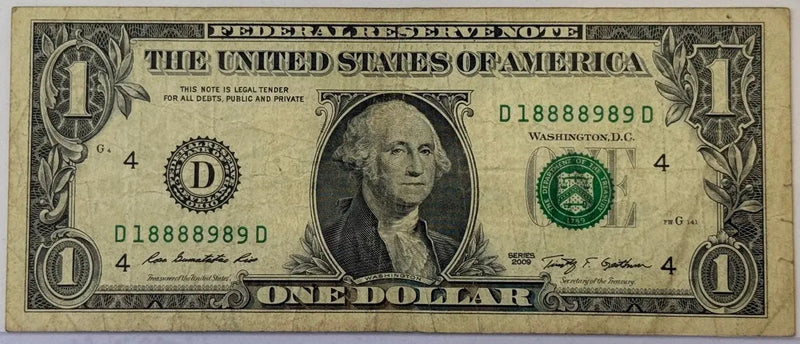 2009 $1 Federal Reserve Note – Cleveland (District 4) – Fancy Serial 18888989 – Circulated Heritage Pastime