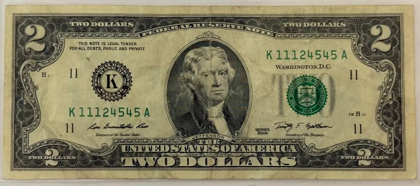 2009 $2 Federal Reserve Note – Thomas Jefferson – Serial K11124545A Heritage Pastime