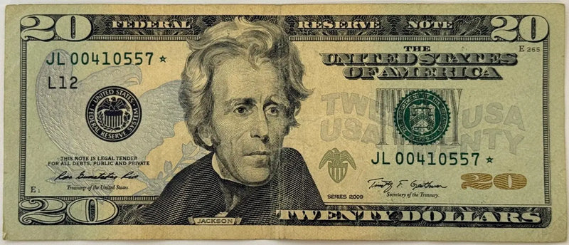 2009 $20 Federal Reserve Star Note – Andrew Jackson | Rios–Geithner Replacement Currency Heritage Pastime