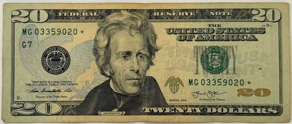 2013 $20 Federal Reserve Star Note – Andrew Jackson | MG03359020★ Replacement Currency Heritage Pastime