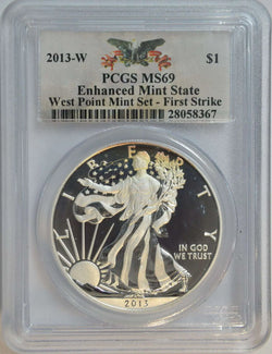 عملة فضية من فئة دولار واحد من إصدار 2013-W، مصنفة من قبل PCGS بدرجة MS69، إصدار أول استثنائي - إصدار مبكر