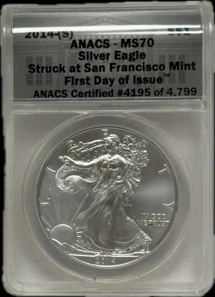 2014-S American Silver Eagle $1 – MS70 First Day of Issue ANACS #4,195/4,799 Heritage Pastime