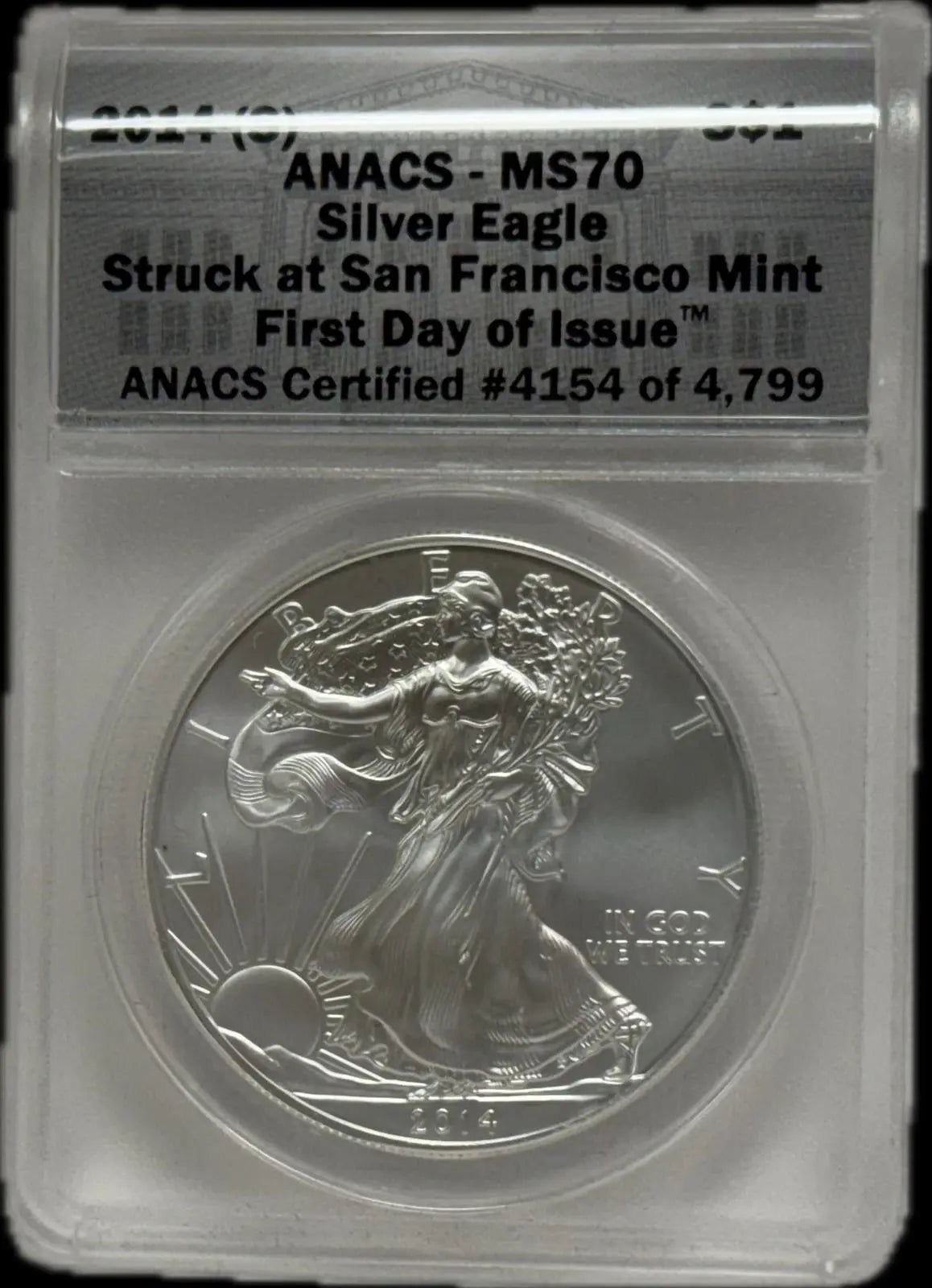 2014-S Silver Eagle $1 MS70 First Day of Issue – Perfect, #4,154 of 4,799 Limited Edition Coin Heritage Pastime