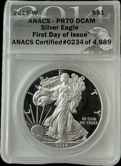 2014-W American Silver Eagle $1 – First Day of Issue – PR70 Deep Cameo – ANACS (#0234 of 4,889)