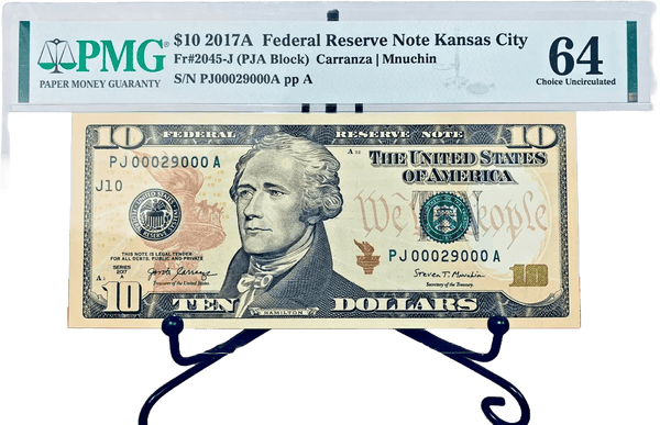 2017-A $10 FRN PMG 67EPQ Fancy LOW 5 DIGIT Serial #PJ00029000A with Bonus Note Heritage Pastime