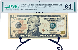 2017-A $10 FRN PMG 67EPQ Fancy LOW 5 DIGIT Serial #PJ00029000A with Bonus Note