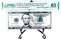 2017-A $5 FRN PMG 65EPQ Fancy TRUE 0/1 BINARY Serial #PB11000100A