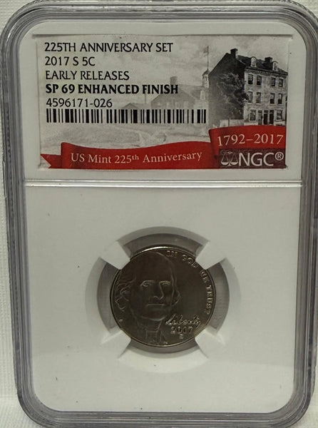 2017-S Jefferson Nickel 5¢ 225th Anniversary SP69 Enhanced Finish – Early Releases – San Francisco Mint Heritage Pastime