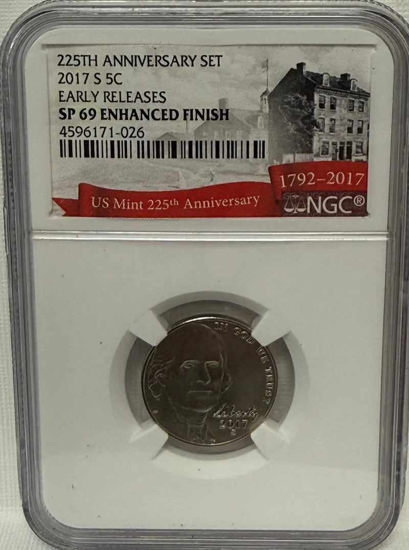 2017-S Jefferson Nickel 5¢ 225th Anniversary SP69 Enhanced Finish – Early Releases – San Francisco Mint Heritage Pastime