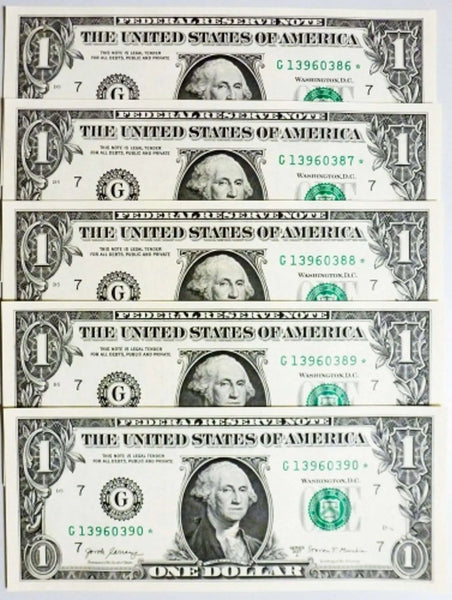 2017A $1 Star Notes - Chicago Consecutive Series - 5 Superb Crisp Notes Heritage Pastime