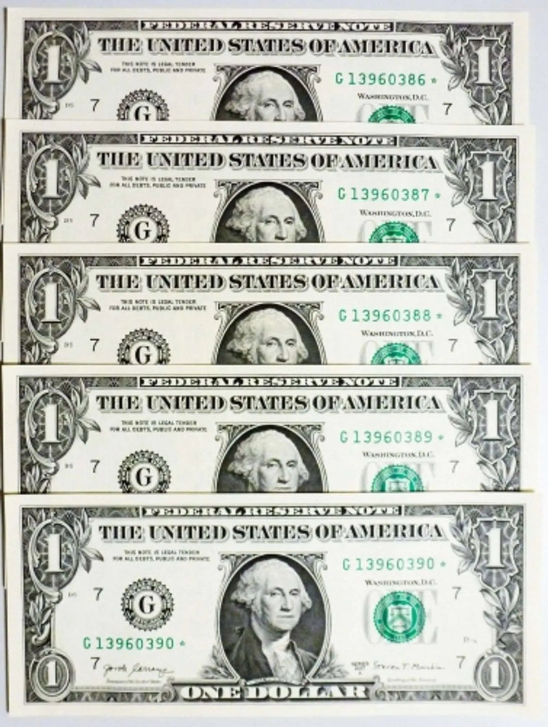 2017A $1 Star Notes - Chicago Consecutive Series - 5 Superb Crisp Notes Heritage Pastime