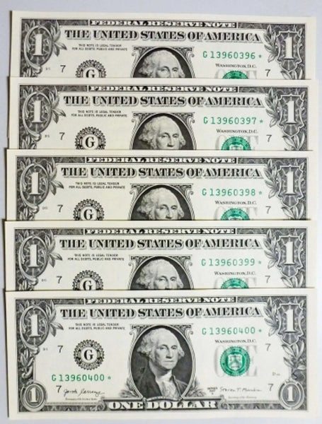 2017A $1 Star Replacement Notes in 5 Superb Crisp Condition, Chicago-Consecutive Heritage Pastime