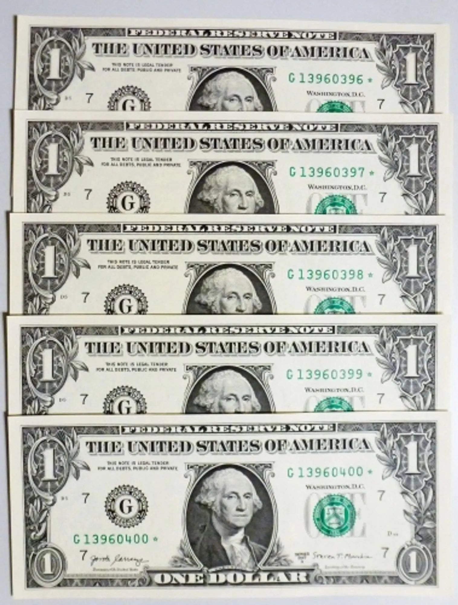 2017A $1 Star Replacement Notes in 5 Superb Crisp Condition, Chicago-Consecutive Heritage Pastime