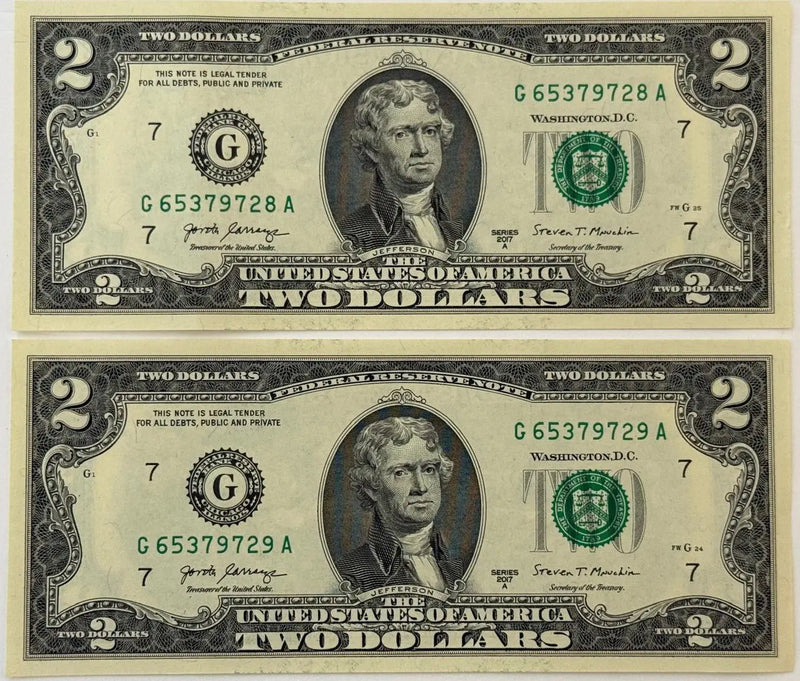2017A $2 Federal Reserve Notes – Consecutive Pair – Chicago (G) District – Mnuchin/Carranza Heritage Pastime