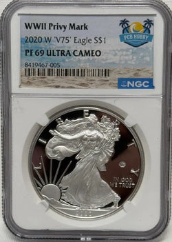 2020-W Silver Eagle 'V75' Privy Mark PF69 Ultra Cameo – WWII Commemoration, Limited Edition