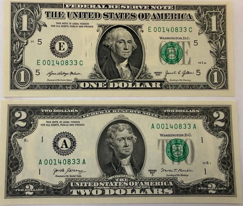 2021 $1 & 2017A $2 LOW DUPLICATE SERIAL NUMBER MATCHING DOLLAR NOTES! –SAME SERIALS E 00140833 C & A 00140833 A Heritage Pastime