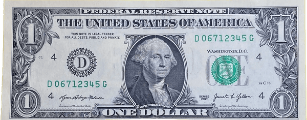 2021 $1 Federal Reserve Note – Run Five Digit 1–5 Fancy Serial Number – D District – 06712345 Heritage Pastime