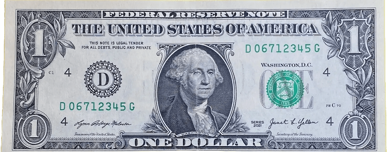 2021 $1 Federal Reserve Note – Run Five Digit 1–5 Fancy Serial Number – D District – 06712345 Heritage Pastime