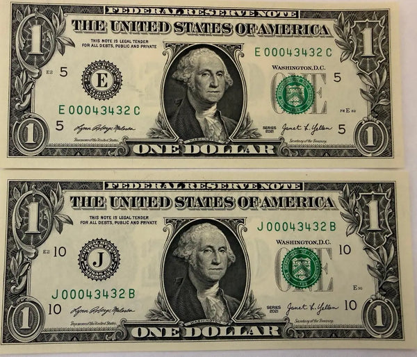 2021 $1 LOW DUPLICATE SERIAL NUMBER MATCHING DOLLAR NOTES! –SAME SERIALS E 00043432 C & J 00043432 B Heritage Pastime