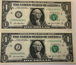 ¡BILLETES DE DÓLAR DE $1 DE 2021 CON NÚMERO DE SERIE DUPLICADO COINCIDENTE! – MISMOS NÚMEROS DE SERIE: E 00043432 C y J 00043432 B