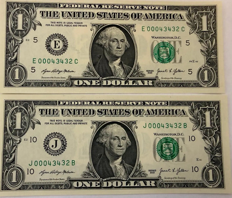 2021 $1 LOW DUPLICATE SERIAL NUMBER MATCHING DOLLAR NOTES! –SAME SERIALS E 00043432 C & J 00043432 B Heritage Pastime