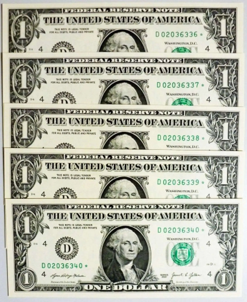 2021 $1 Star Notes Cleveland-Consecutive Series - 5 Superb Crisp Heritage Pastime
