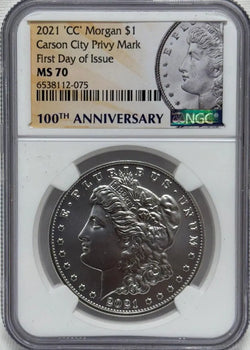 2021-CC Morgan $1 Primer Día de Emisión 100 Aniversario MS70 – Moneda Rara del 100 Aniversario con Significado Histórico