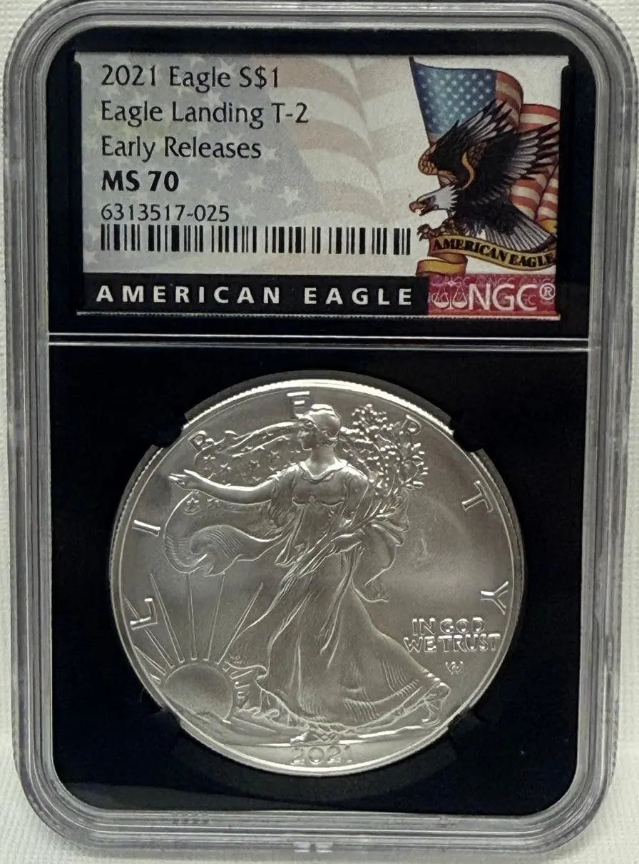 2021 Eagle $1 Eagle Landing T-2 MS70 – Rare Early Release Coin with Rich History Heritage Pastime