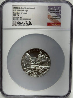 Medalla de plata de 2,5 oz de 2022, Cuerpo de Marines de EE. UU., primer día de emisión, MS 70, Honorable Mike Castle, firmada a mano