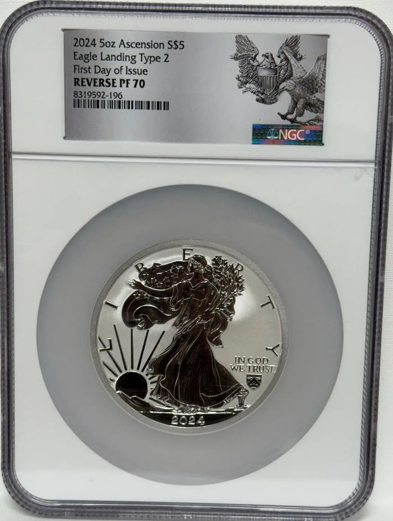 2024 $5 5oz Ascension Silver Eagle Landing Type 2 First Day of Issue Reverse PF70 – Stunning Proof in Large Silver Format Heritage Pastime