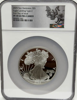 2025 $5 5oz Águila de Plata de la Ascensión Tipo 2 Primer Día de Emisión PF 70 ULTRA CAMEO
