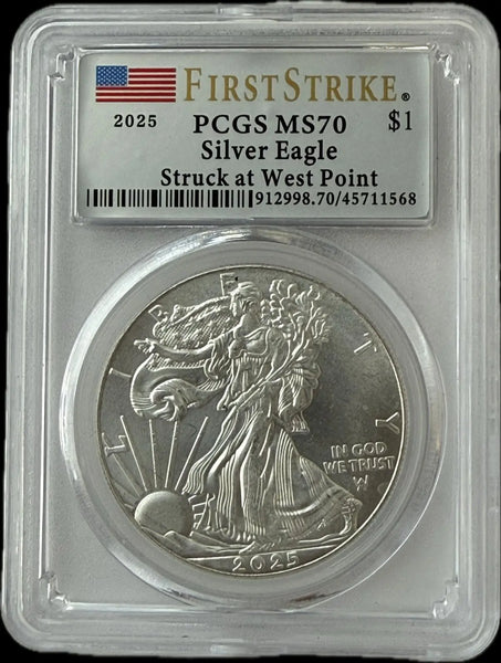 2025 American Silver Eagle $1 – First Strike – PCGS MS70 West Point Mint Heritage Pastime