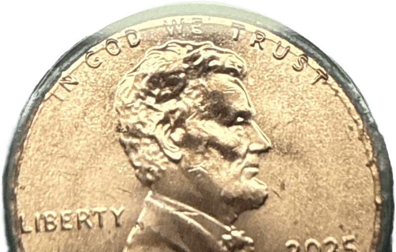 Close-up of 2025-D Lincoln cent showing raised IN GOD WE TRUST motto on rim edge