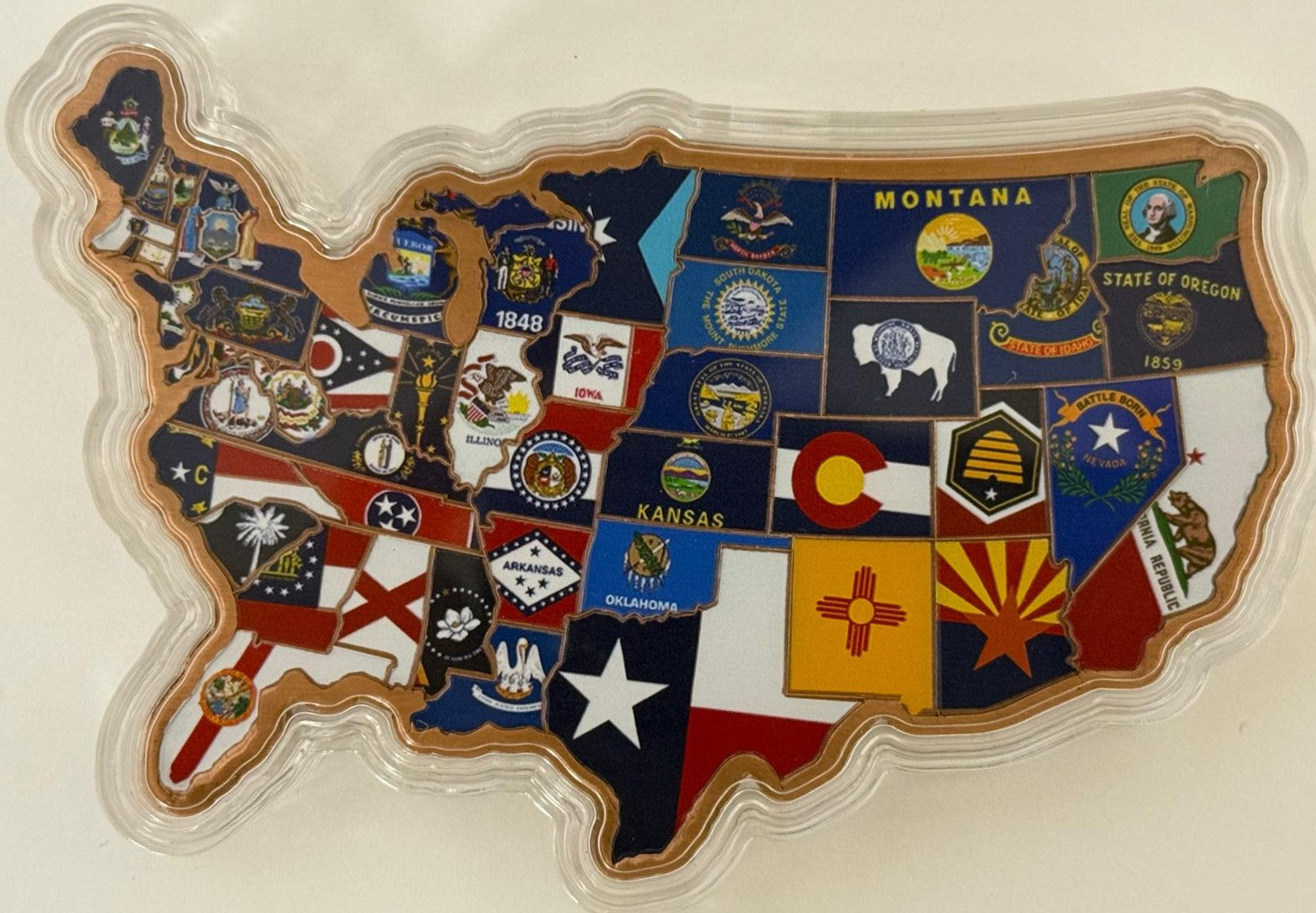 2026 USA 250th Anniversary 10 oz .999 Fine Copper Bar – Colorized American Flag Map Design