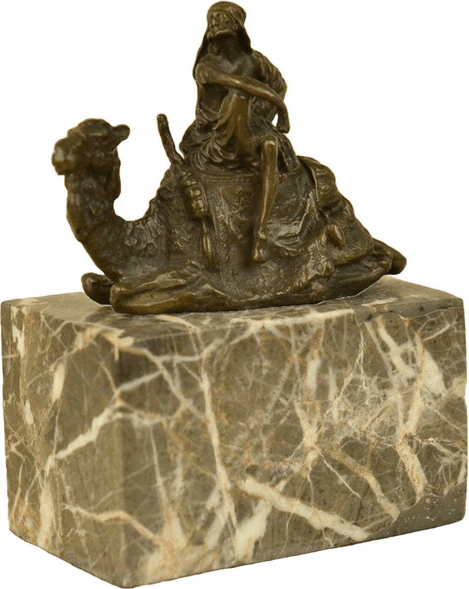 Arab Man Camel Rider Bronze Sculpture | Lost Wax Cast | Marble Base | Detailed Desert Scene